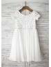 Ivory Chiffon Beaded Short Sleeves Knee Length Flower Girl Dress 